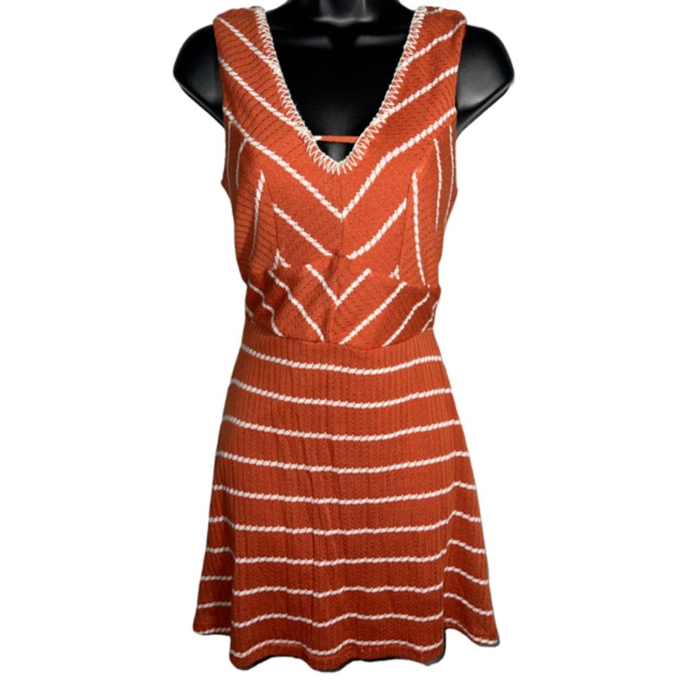 Three Pink Hearts V Neck Boho Burnt Orange Striped Dress Sz M NWT